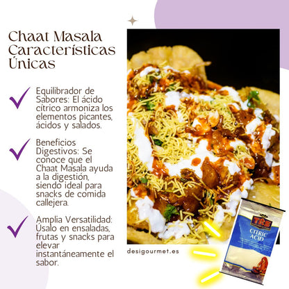 Plato de Chaat Masala, un snack de comida callejera india, con una mezcla colorida de ingredientes que incluye sev, salsas y hierbas. El texto destaca su función como equilibrador de sabores, ayuda digestiva, y condimento versátil, con una imagen de ácido cítrico en la esquina inferior derecha.
