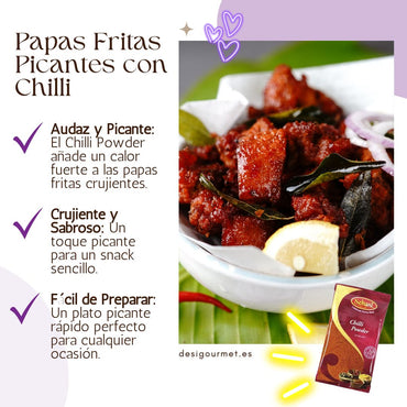Papas Fritas Picantes con Chilli: A close-up image of spicy fried potatoes seasoned with Schani Chilli Powder, garnished with crispy curry leaves and a lemon wedge, showcasing a savory and crispy dish.