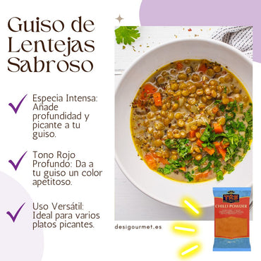 Guiso de Lentejas Sabroso Infographic Alt Text: "An infographic for a tasty lentil stew, featuring a vibrant bowl of lentils and vegetables. Key points highlight intense spices adding depth, a rich red tone for appetizing color, and versatile use of spices for various spicy dishes. Includes TRS Chilli Powder for added heat."