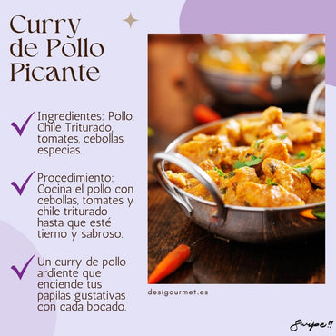 Curry de Pollo Picante: "Experience the fiery delight of Curry de Pollo Picante. Cook chicken with crushed chilli, tomatoes, and spices for a bold and spicy curry."
