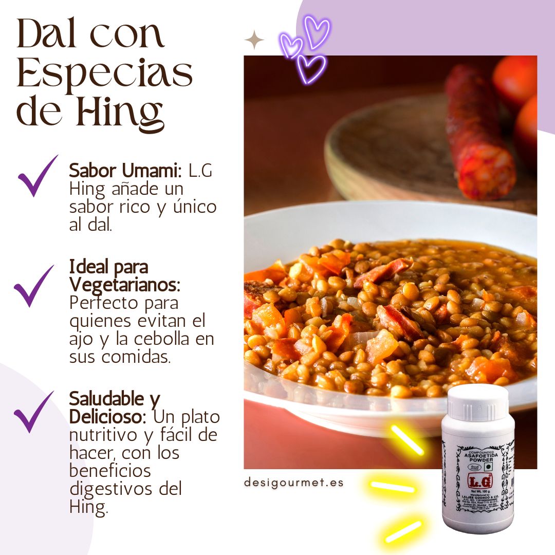 Dal sazonado con Hing de L.G, presentando un sabor umami único, ideal para vegetarianos que evitan el ajo y la cebolla, ofreciendo una comida saludable y deliciosa.