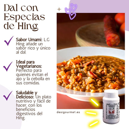 Dal sazonado con Hing de L.G, presentando un sabor umami único, ideal para vegetarianos que evitan el ajo y la cebolla, ofreciendo una comida saludable y deliciosa.