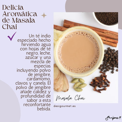 Delicia Aromática de Masala Chai "Savor the rich flavors of Masala Chai made with ginger, cardamom, cloves, and cinnamon. A spiced Indian tea for warm, cozy moments."