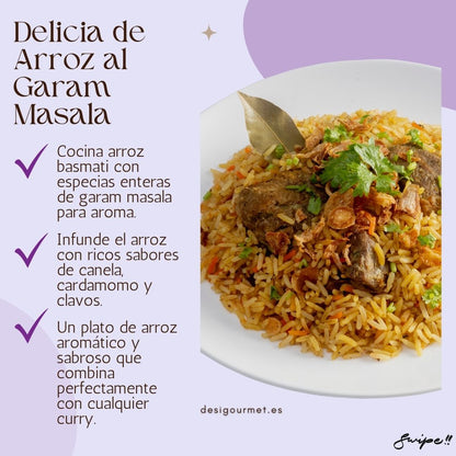 Delicia de Arroz al Garam Masala  "Marina el pollo con garam masala entero para un sabor exótico. Asa o asa el pollo a la perfección, infusionado con especias aromáticas."
