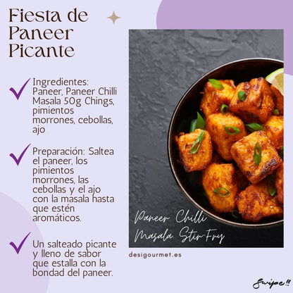 Image 2: Fiesta de Paneer Picante Meta Description: Spice up your meals with a Paneer Chilli Masala stir-fry. Made with Ching's Paneer Chilli Masala, bell peppers, onions, and garlic for a deliciously aromatic dish.