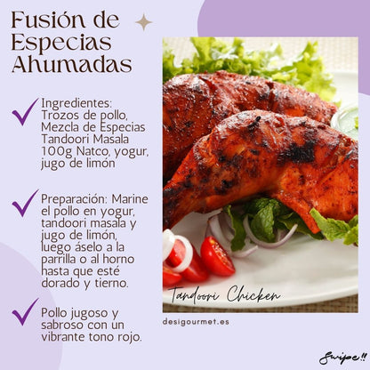 Fusion de Especias Ahumadas: "Enjoy smoky Tandoori Chicken with Natco Tandoori Masala. Marinate chicken in yogurt and lemon, then grill or bake for tender, flavorful results. #TandooriChicken"