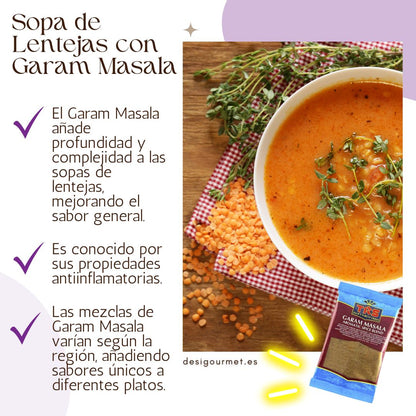 A comforting bowl of lentil soup garnished with fresh herbs, infused with the rich taste of Garam Masala. Text emphasizes the spice's role in enhancing flavor and providing anti-inflammatory properties.
