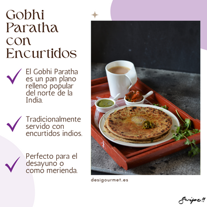 English: Gobhi Paratha 400g, ideal with cooling plain yogurt for a balanced meal. Spanish: Gobhi Paratha 400g, ideal con yogur natural refrescante para una comida equilibrada.