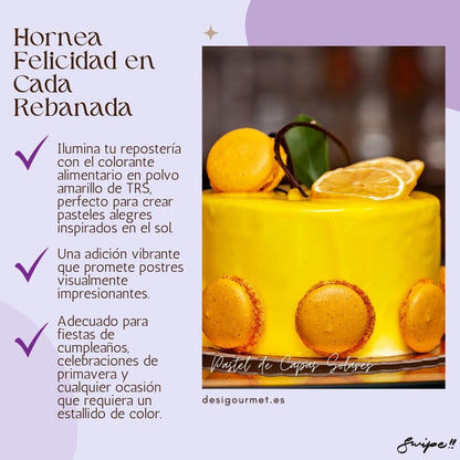 Illuminate your baking with TRS Yellow Food Colour Powder, perfect for creating cheerful sun-inspired cakes. A vibrant addition that promises visually impressive desserts. Ideal for birthday parties, spring celebrations, and any occasion needing a splash of color.