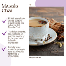 Load image into Gallery viewer, El anís estrellado añade dulzura, equilibrando los sabores del Masala Chai.
Tradicionalmente, las especias se cuecen con té y leche para una infusión especiada.
Popular en el monzón, se cree que esta bebida fortalece la inmunidad.