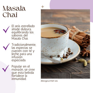 El anís estrellado añade dulzura, equilibrando los sabores del Masala Chai.
Tradicionalmente, las especias se cuecen con té y leche para una infusión especiada.
Popular en el monzón, se cree que esta bebida fortalece la inmunidad.