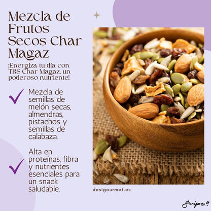 Image: ![Mezcla de Frutos Secos Char Magaz](sandbox:/mnt/data/2_Mezcla de Frutos Secos Char Magaz.jpg) Meta Description: Boost your energy with TRS Char Magaz mix of dried melon seeds, almonds, pistachios, and pumpkin seeds. A healthy, protein-packed snack.