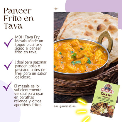 MDH Tava Fry Masala enhances paneer, versatile for chicken and fish, adds tangy flavor.