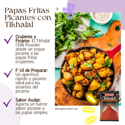 Papas Fritas Picantes con Tikhalal Alt text (English): "Crispy fried potatoes seasoned with Everest Tikhalal chilli powder for a bold, spicy taste." Alt text (Spanish): "Papas fritas crujientes sazonadas con chile en polvo Tikhalal de Everest para un sabor audaz y picante."