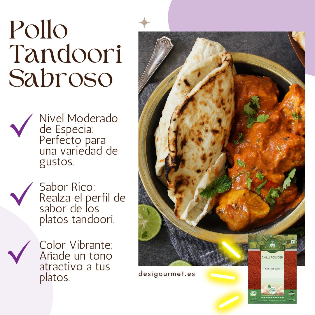 Pollo Tandoori Sabroso: A close-up of a delicious tandoori chicken dish served with naan bread. This image highlights a moderately spiced, flavorful meal enhanced with Khana Khazana Chilli Powder. The vibrant orange-red tones of the tandoori chicken enhance the visual appeal of the dish. The product package of Khana Khazana Chilli Powder is displayed in the corner.