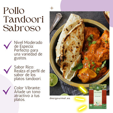 Pollo Tandoori Sabroso: A close-up of a delicious tandoori chicken dish served with naan bread. This image highlights a moderately spiced, flavorful meal enhanced with Khana Khazana Chilli Powder. The vibrant orange-red tones of the tandoori chicken enhance the visual appeal of the dish. The product package of Khana Khazana Chilli Powder is displayed in the corner.