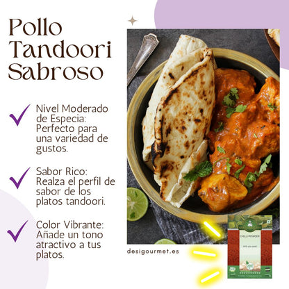 Pollo Tandoori Sabroso: A close-up of a delicious tandoori chicken dish served with naan bread. This image highlights a moderately spiced, flavorful meal enhanced with Khana Khazana Chilli Powder. The vibrant orange-red tones of the tandoori chicken enhance the visual appeal of the dish. The product package of Khana Khazana Chilli Powder is displayed in the corner.