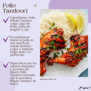 Pollo Tandoori  "Indulge in the smoky, spicy flavors of Tandoori Chicken. Marinated in Tandoori Masala, yogurt, and spices, grilled to perfection. A classic dish with Natco's aromatic masala."