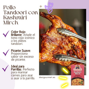 English: A succulent Tandoori chicken leg with crispy skin, marinated with Kashmiri Mirch, showing the dish’s iconic vibrant red color. A packet of MDH Kashmiri Mirch is placed in the bottom right corner of the image.
Spanish: Una jugosa pierna de pollo tandoori con piel crujiente, marinada con Kashmiri Mirch, mostrando el color rojo vibrante icónico del plato. Un paquete de MDH Kashmiri Mirch está colocado en la esquina inferior derecha de la imagen.