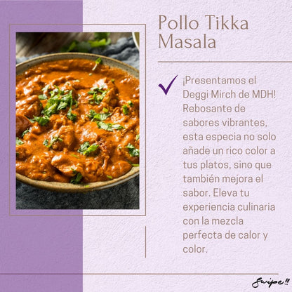 Pollo Tikka Masala: "Discover the rich flavors of Pollo Tikka Masala with Deggi Mirch from MDH! This spice enhances color and taste, transforming your culinary creations with vibrant heat."