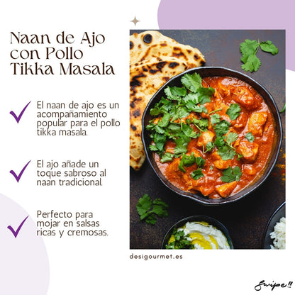 English: Garlic naan 340g, ideal with vegetarian dishes like saag paneer. Spanish: Naan de ajo 340g, ideal con platos vegetarianos como saag paneer.