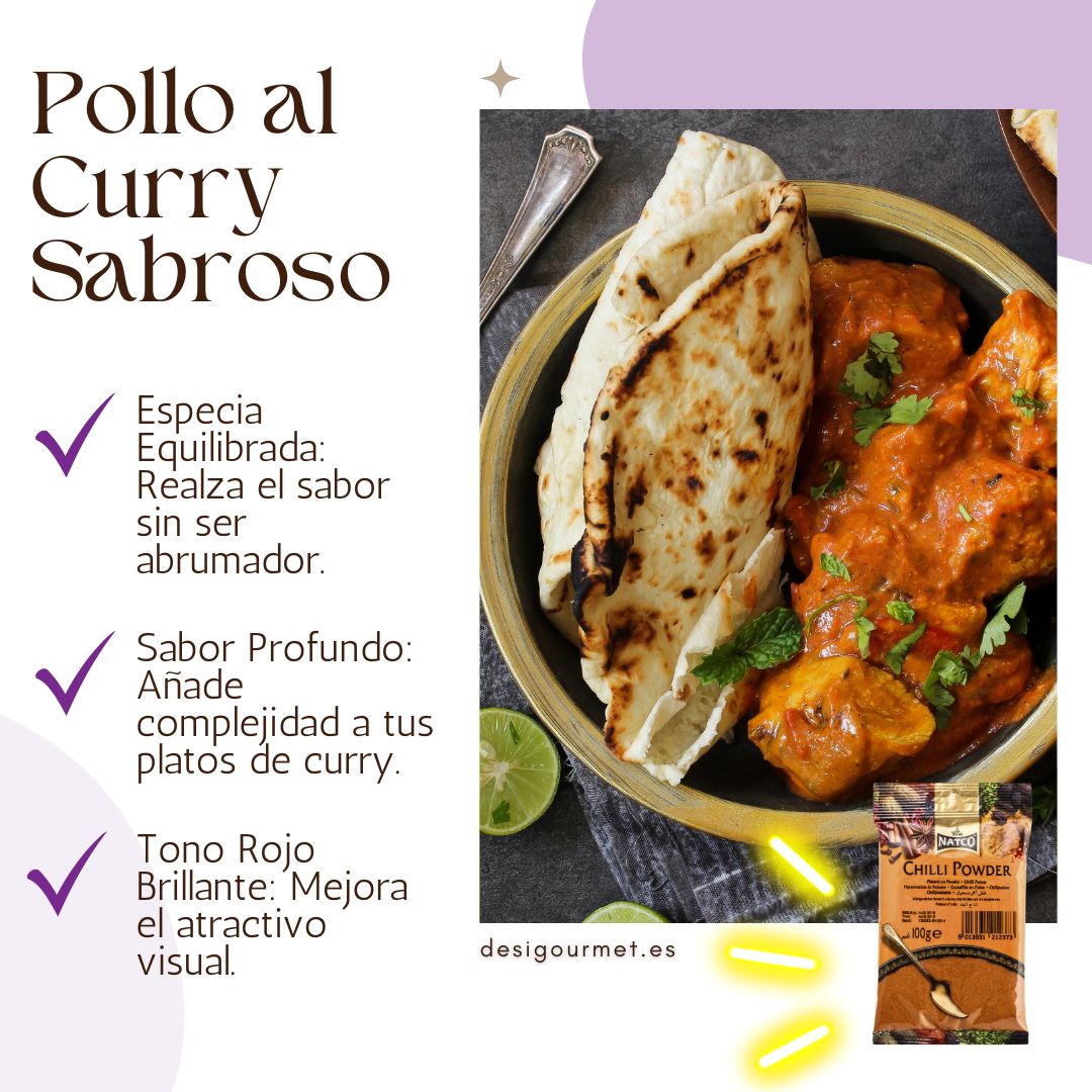Pollo al Curry Sabroso Alt Text: "Rich and flavorful chicken curry paired with naan bread. The curry has a deep red color, balanced spice, and rich taste, making it visually appealing. Enhanced with Natco Chilli Powder."