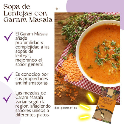 A comforting bowl of lentil soup garnished with fresh herbs, infused with the rich taste of Garam Masala. Text emphasizes the spice's role in enhancing flavor and providing anti-inflammatory properties.