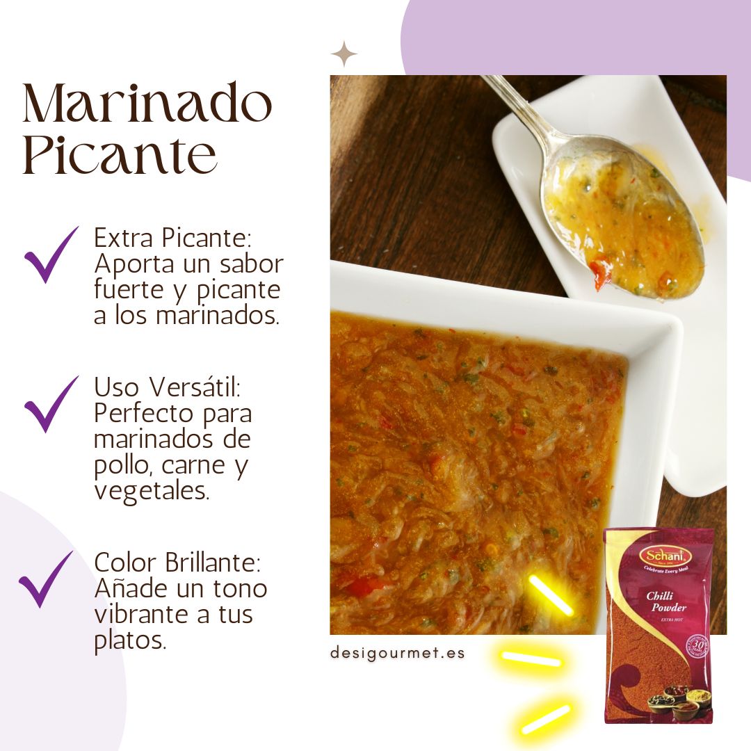 Spicy Marinade with Chilli Powder Alt text: "Bowl of spicy marinade with a spoon, infused with extra hot Schani Chilli Powder. The marinade adds a vibrant color and intense heat, perfect for marinating chicken, meat, or vegetables."