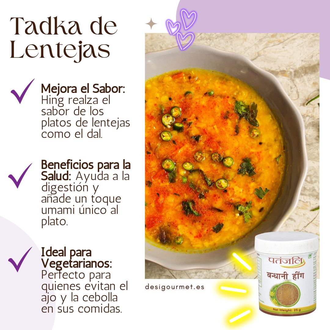 Un reconfortante plato de Tadka de Lentejas, sazonado con Patanjali Hing. Este saludable plato con sabor umami es perfecto para vegetarianos que evitan el ajo y la cebolla.