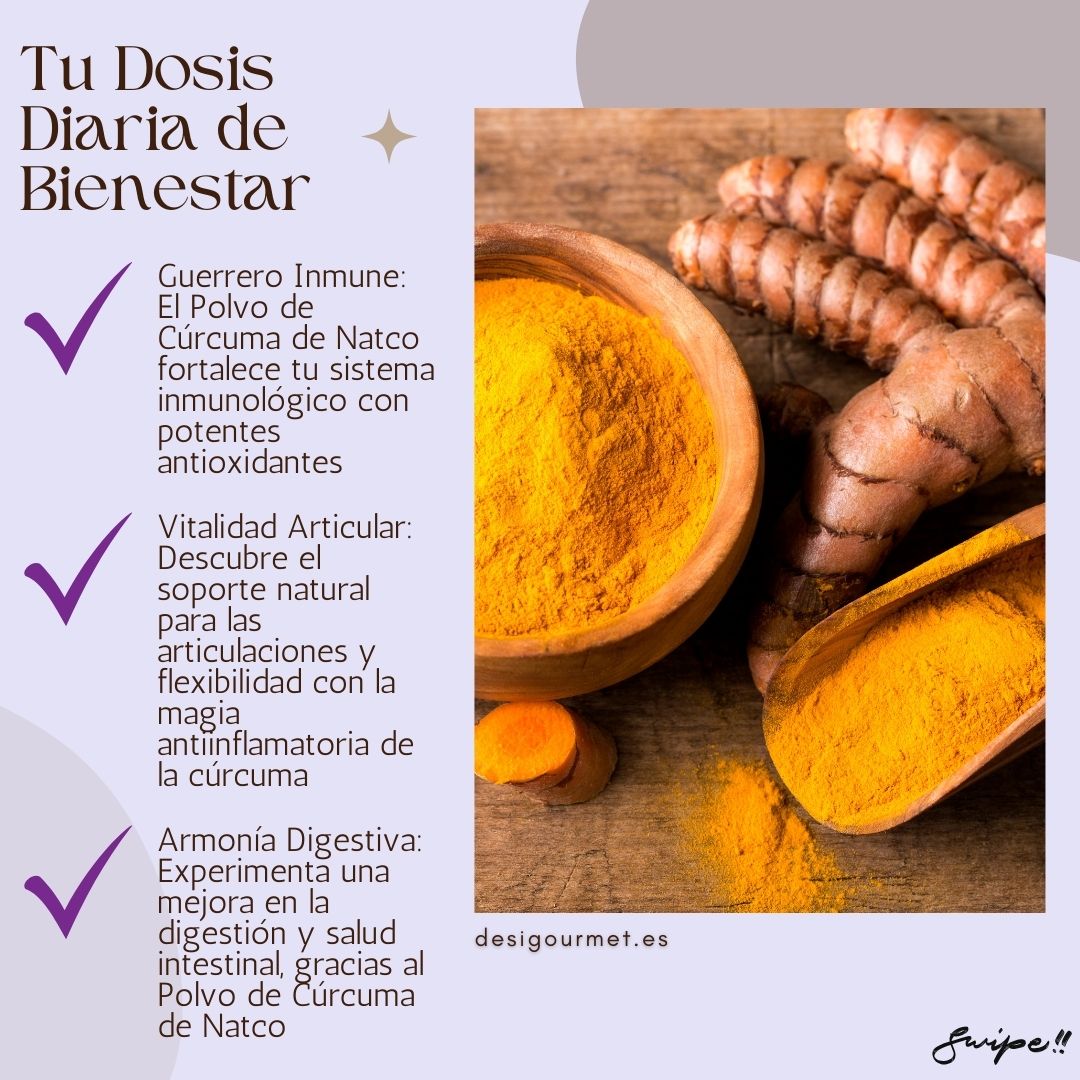 Image 2: Tu Dosis Diaria de Bienestar "Natco Turmeric Powder boosts immunity, supports joint health, and aids digestion. Elevate your wellness with this natural anti-inflammatory spice. desigourmet.es"