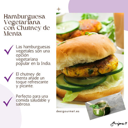English: Veggie Burger Patty 360g, perfect with refreshing mint chutney for a flavorful meal. Spanish: Hamburguesa Vegetal 360g, perfecta con chutney de menta refrescante para una comida sabrosa.