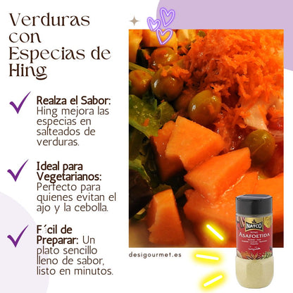 Stir-fried vegetables with spices and Natco Hing, enhancing the flavor of the dish. A perfect vegetarian meal ready in minutes, ideal for those avoiding garlic and onion." Spanish: "Verduras salteadas con especias y Natco Hing, realzando el sabor del plato. Una comida vegetariana perfecta lista en minutos, ideal para quienes evitan el ajo y la cebolla.