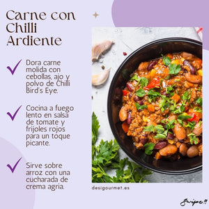 Meta Description: Spice up your meals with Carne con Chilli Ardiente, featuring ground meat cooked with Bird's Eye Chilli powder. This hearty, flavorful dish is ideal for those who love a fiery kick. Perfectly paired with rice and sour cream for a complete meal. Explore recipes at Desi Gourmet!