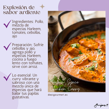 Explosión de sabor ardiente  "Indulge in the vibrant and flavorful Harleem Spice Chicken Curry. This fiery blend with tomatoes and garlic creates a culinary dance on your taste buds. Perfect for spicy food lovers."