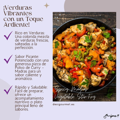 Verduras Vibrantes con un Toque Ardiente: "Enhance your meals with vibrant veggies sautéed to perfection, spiced up with Madras Curry Powder for a hot, aromatic flavor. Quick, healthy, and delicious!"