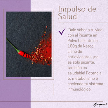 Impulso de Salud "Add a healthy kick to your meals with Natco's Extra Hot Chilli Powder. Packed with antioxidants, it boosts metabolism and immune health."