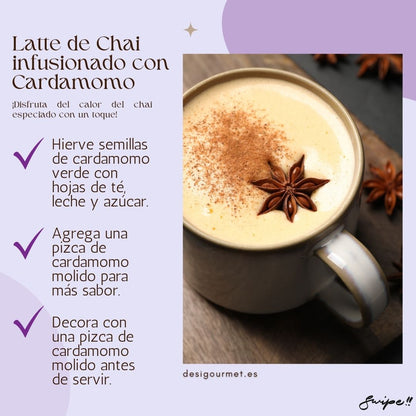 2. Latte de Chai Infusionado con Cardamomo  Meta Description: Enjoy a warm and aromatic Cardamom Chai Latte. Infuse tea leaves, milk, and sugar with green cardamom seeds. Add a pinch of ground cardamom for extra flavor.