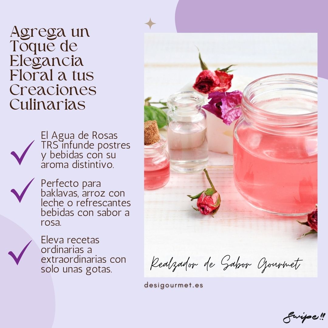 Add a touch of floral elegance to your culinary creations with TRS Rose Water. Infuse desserts and beverages with its distinctive aroma. Perfect for baklavas, rice puddings, or refreshing drinks. Transform ordinary recipes into extraordinary delights with just a few drops.
