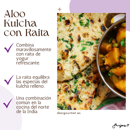 English: Aloo Kulcha 400g, great with tangy Indian pickles for enhanced flavors. Spanish: Aloo Kulcha 400g, perfecto con encurtidos indios para sabores realzados.