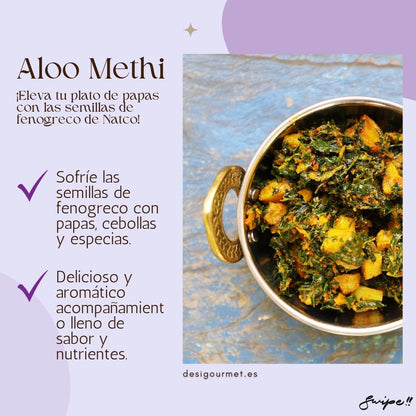 "Elevate your potato dish with Natco fenugreek seeds. Aloo Methi is a delicious and aromatic side, full of flavor and nutrients. Perfect accompaniment."