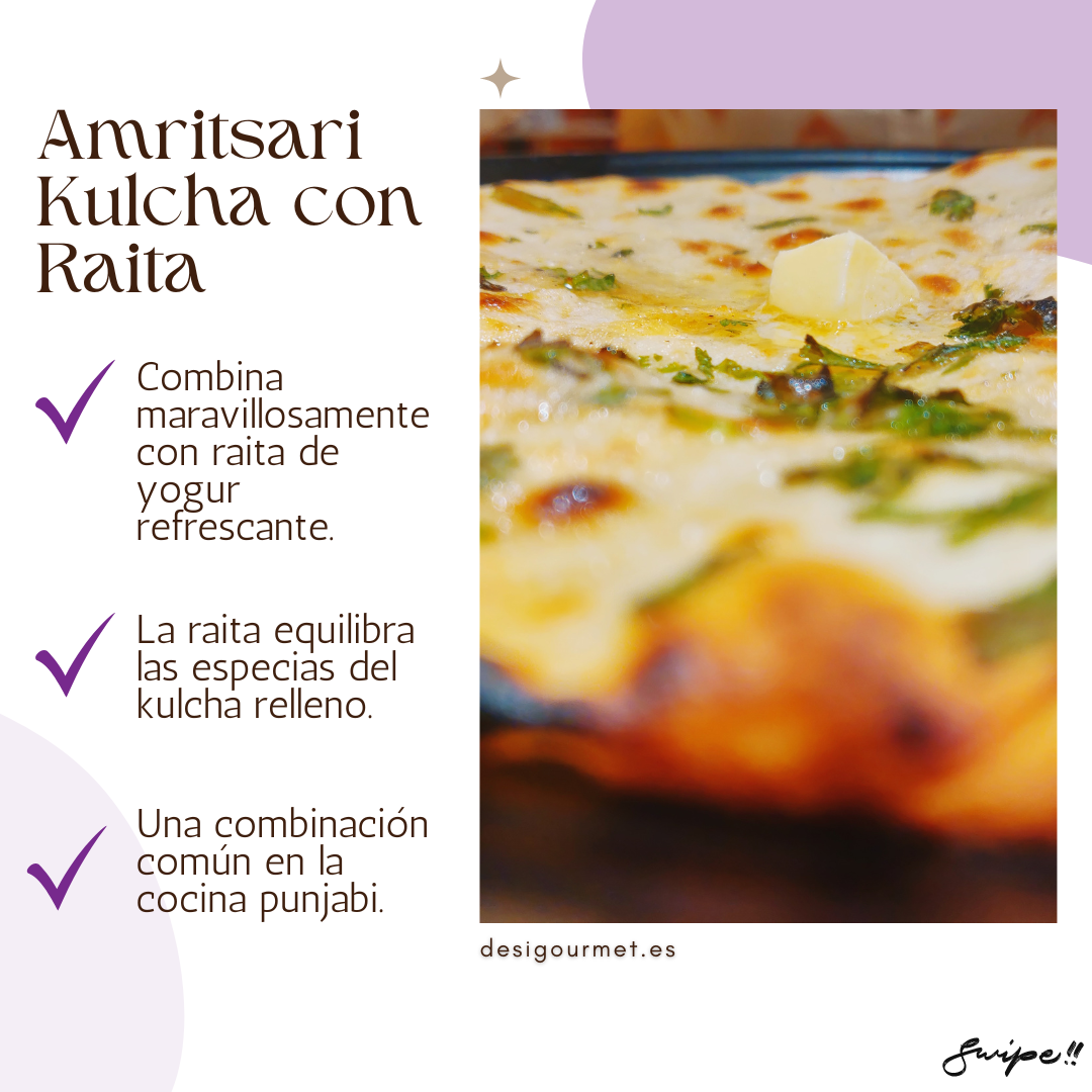 English: Amritsari Kulcha 320g, ideal with cooling yogurt raita for a balanced meal. Spanish: Amritsari Kulcha 320g, ideal con raita de yogur refrescante para una comida equilibrada.