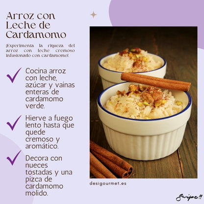 3. Arroz con Leche de Cardamomo  Meta Description: Delight in Cardamom Rice Pudding. Cook rice with milk, sugar, and whole green cardamom pods. Garnish with toasted nuts and a dash of ground cardamom.