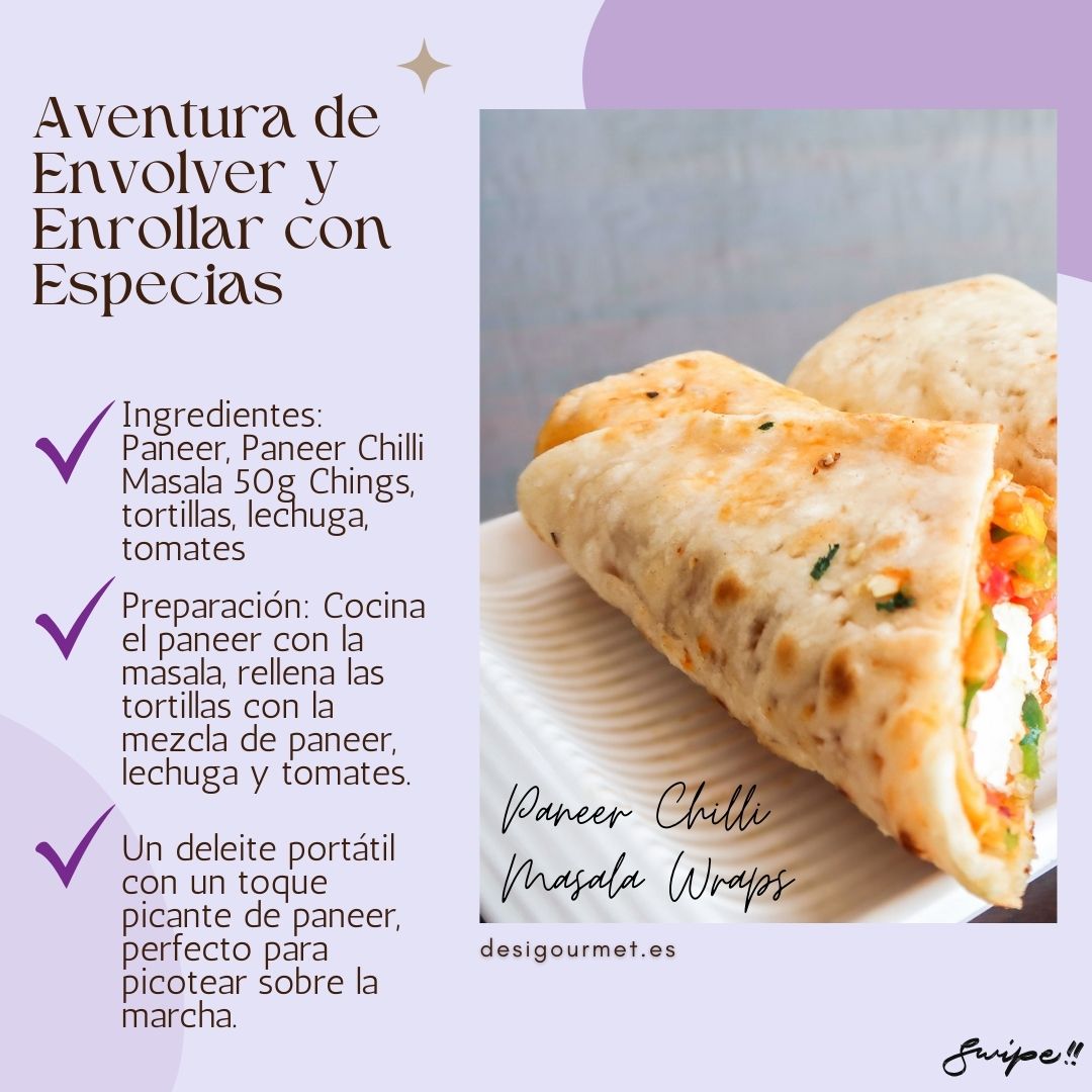 Image 3: Aventura de Envolver y Enrollar con Especias Meta Description: Enjoy a portable delight with Ching's Paneer Chilli Masala wraps. Filled with spiced paneer, lettuce, and tomatoes, perfect for a tasty snack on the go.