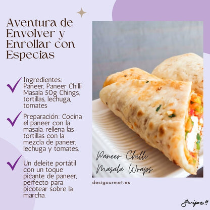 Image 3: Aventura de Envolver y Enrollar con Especias Meta Description: Enjoy a portable delight with Ching's Paneer Chilli Masala wraps. Filled with spiced paneer, lettuce, and tomatoes, perfect for a tasty snack on the go.