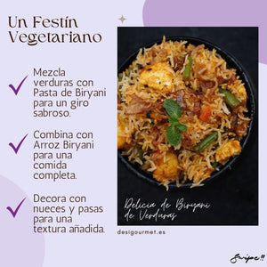 "Vegetarian Biryani Delight with Patak's Biryani Paste. A complete meal with mixed vegetables and biryani rice. Garnished with nuts and raisins for added texture. Order now at Desi Gourmet."  Optimized Image Text:  Image:  Text: Un Festín Vegetariano  Mezcla verduras con Pasta de Biryani para un giro sabroso. Combina con Arroz Biryani para una comida completa. Decora con nueces y pasas para una textura añadida. Delicia de Biryani de Verduras