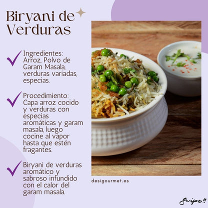 Biryani de Verduras: "Enjoy a flavorful Biryani de Verduras infused with garam masala. Layers of aromatic rice and mixed vegetables cooked to perfection. A delicious and satisfying vegetarian dish."