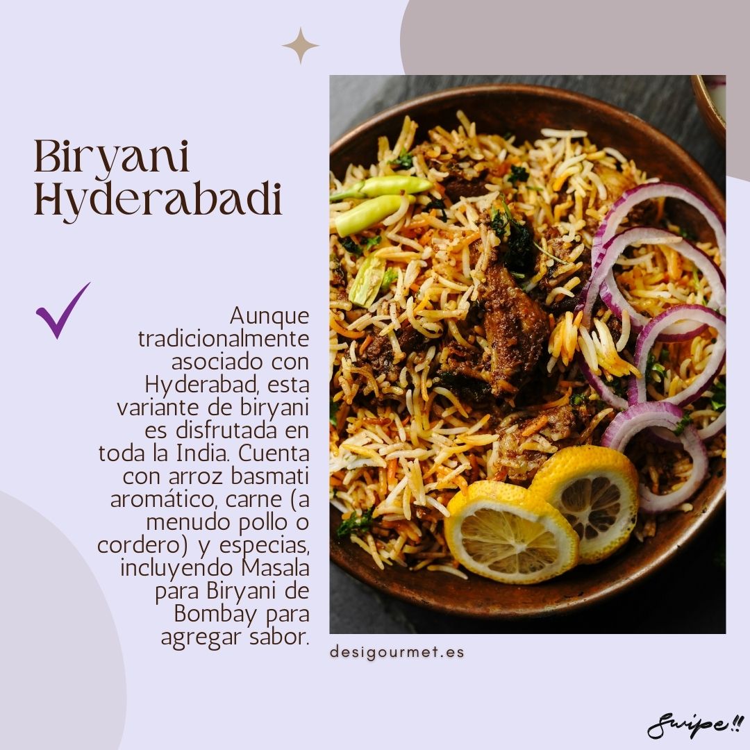 Disfruta del Biryani Hyderabadi con arroz basmati, carne, y especias. Un clásico de la India lleno de sabor y tradición. ¡Hazlo especial con nuestra Masala!