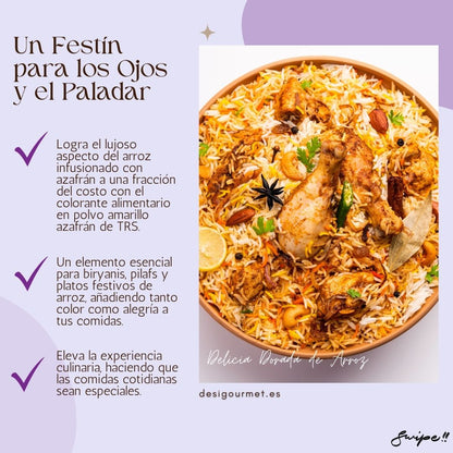 Achieve the luxurious look of saffron-infused rice at a fraction of the cost with TRS Yellow Food Colour Powder. An essential for biryanis, pilafs, and festive rice dishes, adding both color and joy to your meals. Elevate your culinary experience, making everyday dishes special.