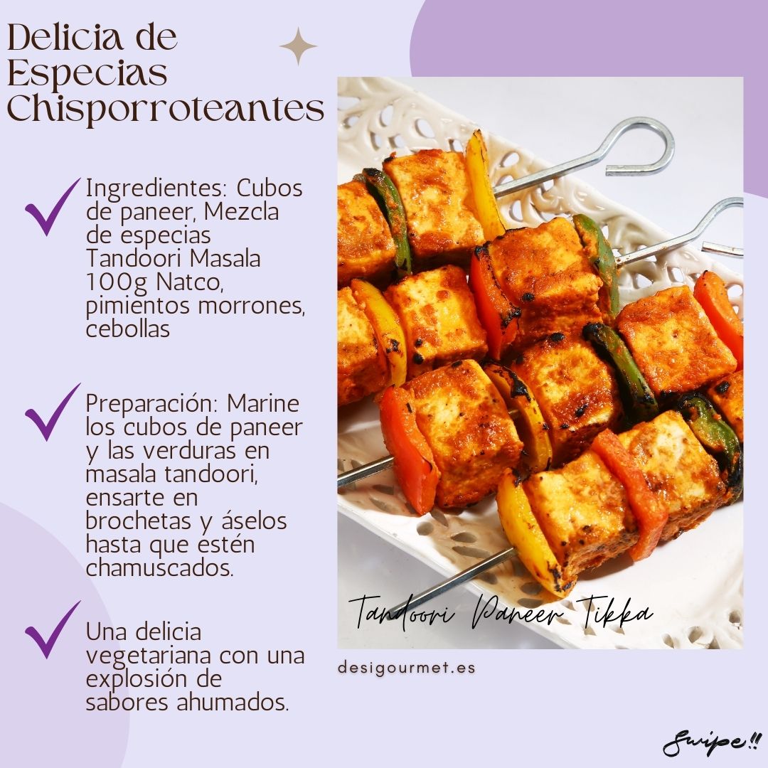 Delicia de Especias Chisporroteantes: "Savor the taste of Tandoori Paneer Tikka. Marinate paneer cubes in Natco Tandoori Masala, skewer with veggies, and grill to perfection. #PaneerTikka"