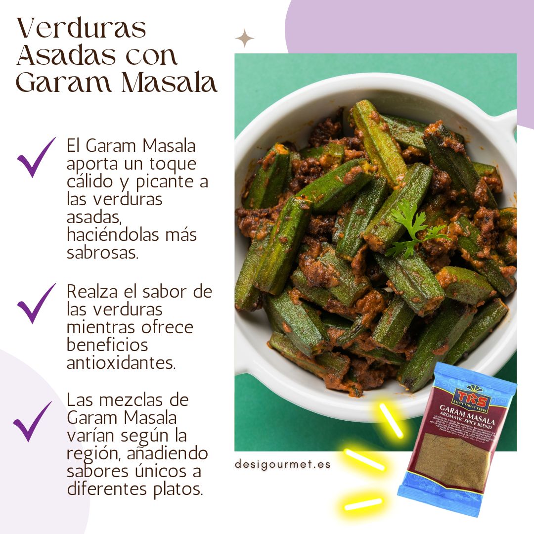 A vibrant dish of roasted vegetables, including okra, seasoned with Garam Masala for a warm, spicy kick. Accompanying text describes how Garam Masala elevates the flavor and adds health benefits.